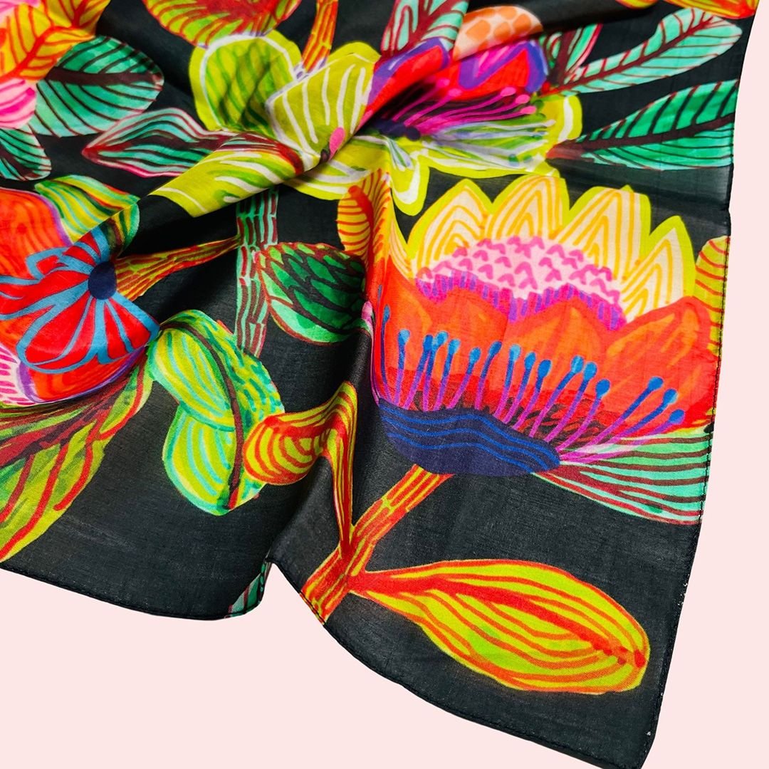 Have you seen my collection of light weight cotton and silk blend scarves? Each scarf is decorated with my designs on a large scale so they can be worn to make a statement.
This gorgeously soft scarf is made from a cotton silk viscose blend, and is p