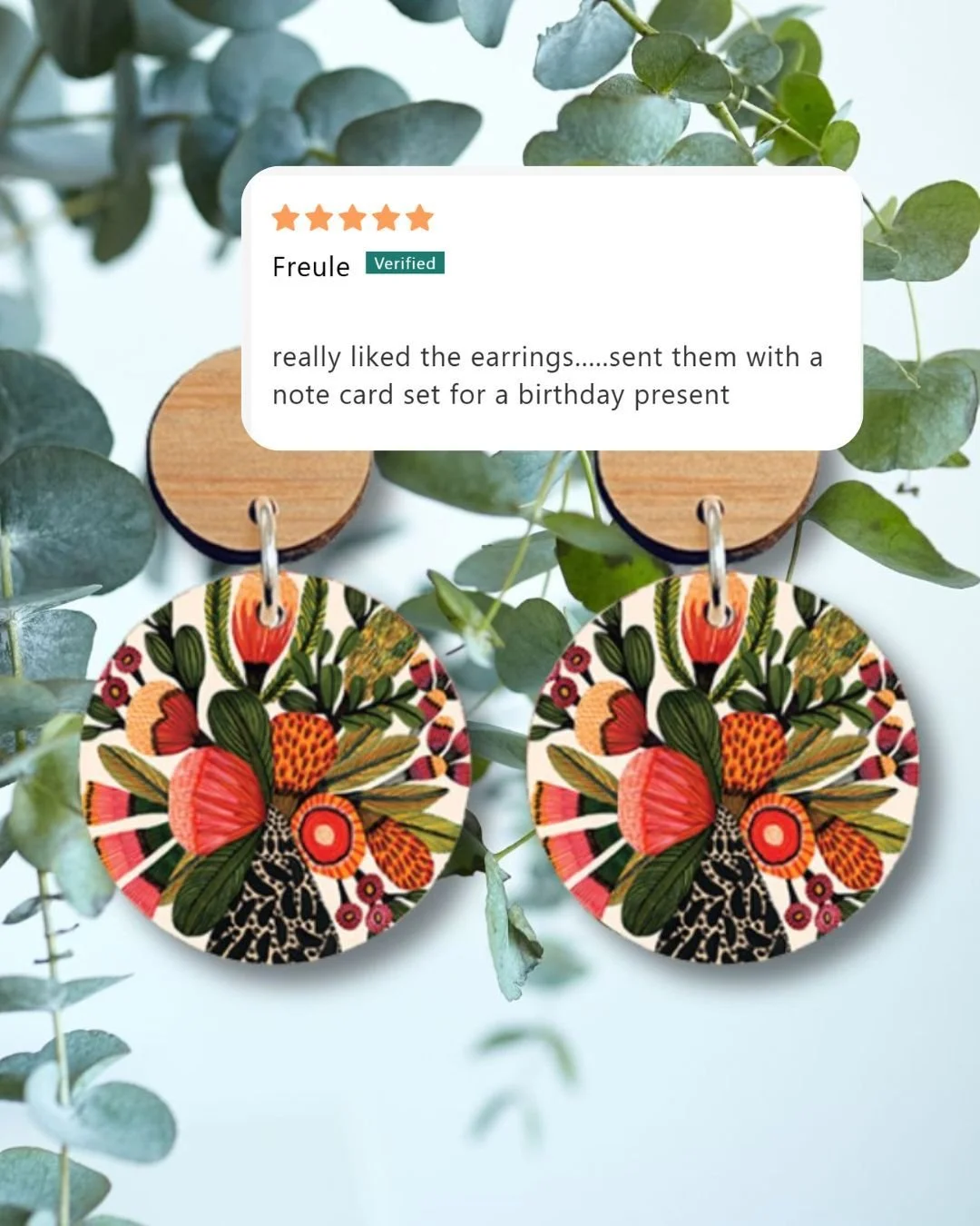 💬 &ldquo;Really liked the earrings&hellip; sent them with a note card set for a birthday present.&rdquo;
When gifts are this beautiful, they speak for you 🌸

These wooden earrings are printed with original hand-painted artwork &mdash; lightweight, 
