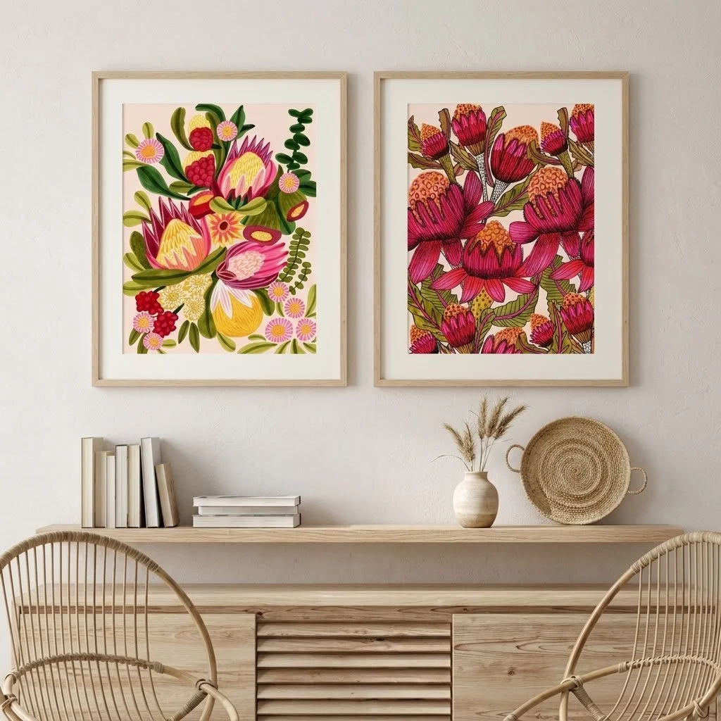 Waratahs &amp; Proteas Australian Wall Art Print Set for those who love native flowers and botanical art. 
Bring the beauty of the Australian bush into your home with this set of two botanical prints by Australian artist Kirsten Katz. The pair brings