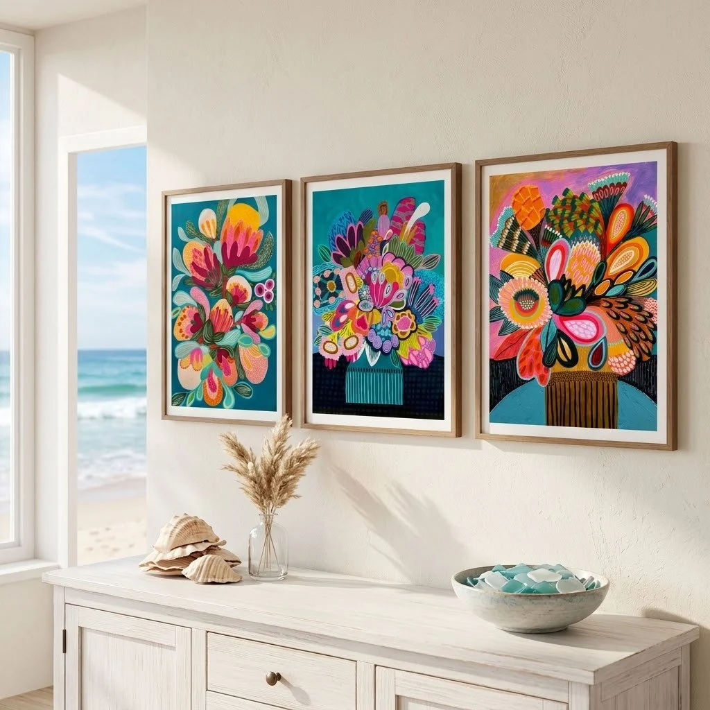 Art that's not like everything else......
Most walls end up with the same prints as everyone else's. This set is for the walls that don't want to.

Botany Blooms, Botanica Stupenda and Colour Blooming Still Life started as three original paintings in