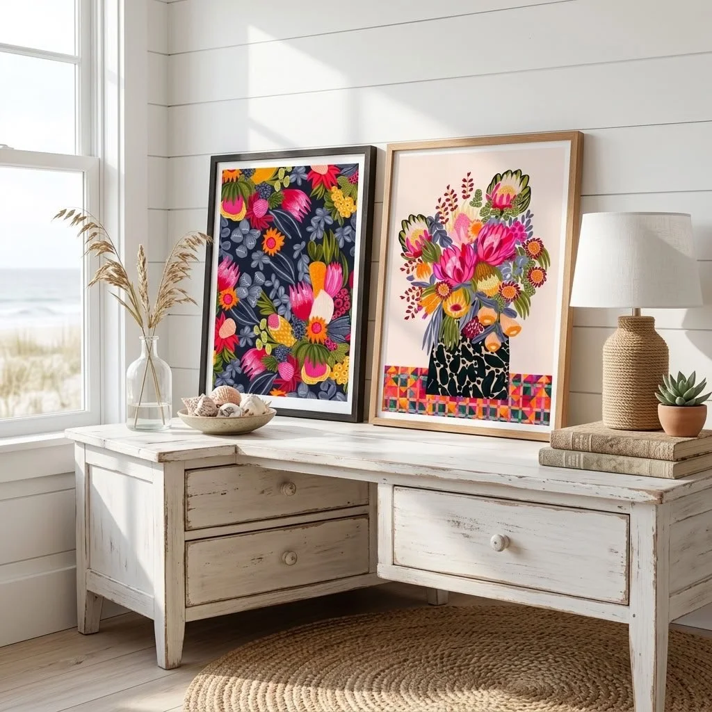 Modern botanical art for flower lovers.....
Protea and Bush Flowers Botanical Art Print Set
A vibrant pair of Australian botanicals that brings colour, joy and contrast to a room.

Printed on premium fine art paper using archival inks, these high-qua