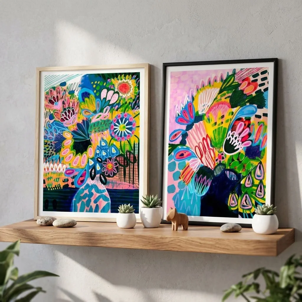 Two paintings, already paired, so you don&rsquo;t have to.

Meet my Colours of Summer set. Finding two pieces of art that look right together is the hard part, so I&rsquo;ve done it for you. The same sunny pinks, blues and greens run through both, so