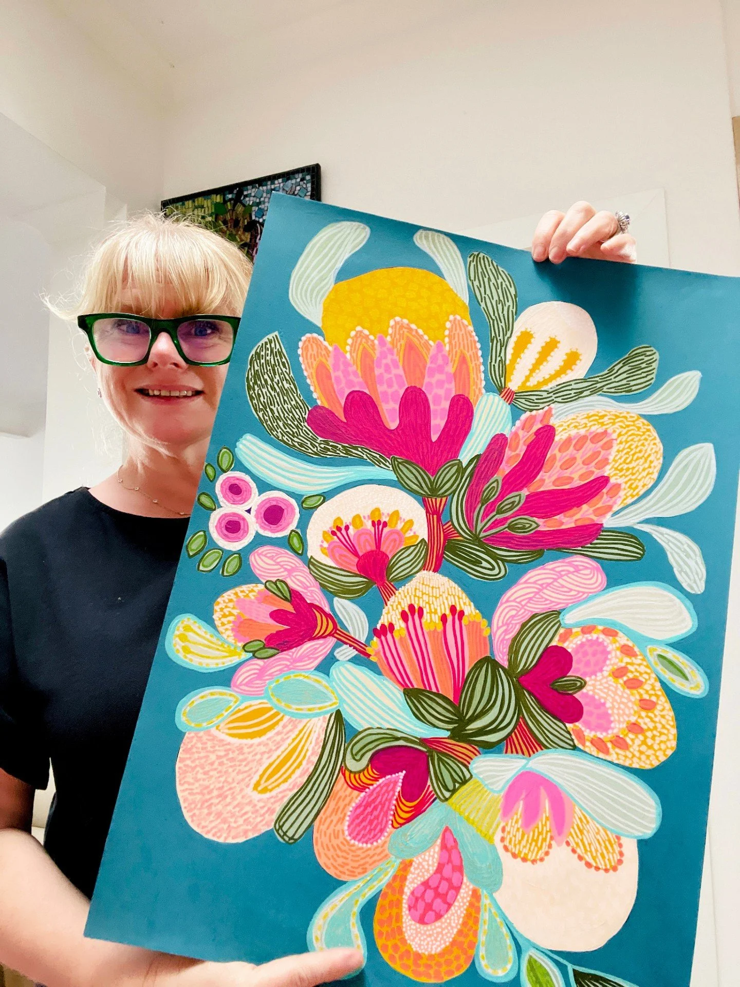 This is the real thing, straight from my studio. 🌸

Meet Botany Blooms. I never plan a painting before I start. I just let the flowers grow across the paper one shape at a time, and this one became a whole bouquet of pinks, sunny yellows and soft gr