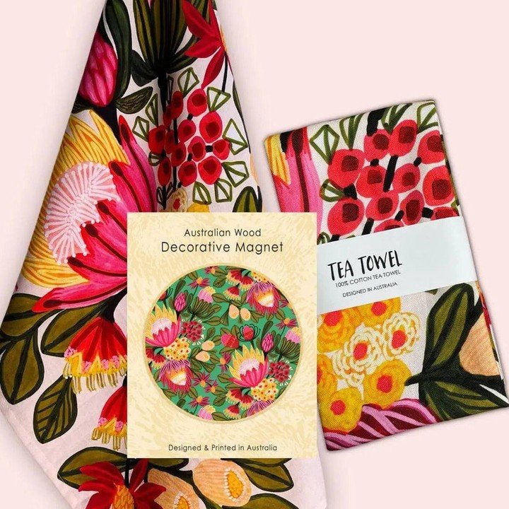 Not just flowers that will die....
A bunch of flowers lasts about a week. These get used every day.

Each set pairs one of my hand-painted tea towels with a matching wooden magnet, both designed and printed here in Australia. There are three designs 