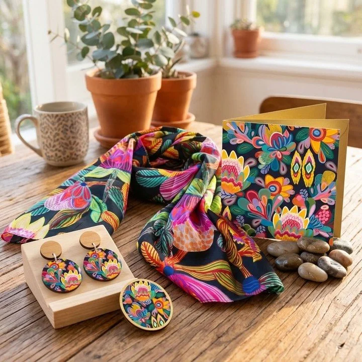 The whole gift, sorted in one go. 🎁

My Protea Australis scarf, paired with my Fantasy Flora earrings and the matching Fantasy Flowers brooch, all from my original paintings. I&rsquo;ve put them together so every piece works as one colourful look.

