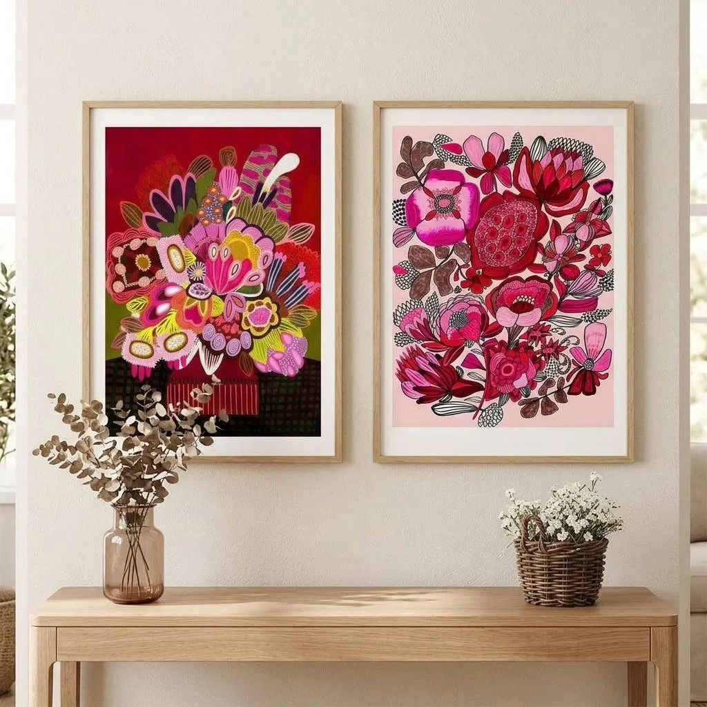Botanical art that sets the mood of the room.....
One deep and moody, one soft and pretty. Together, they just work. 🌹

Meet my Rosa Blooms set: Botanica Stupenda (Rouge) on a rich ruby red, paired with Rosa Botanica on soft blush. Blooms, pods and 