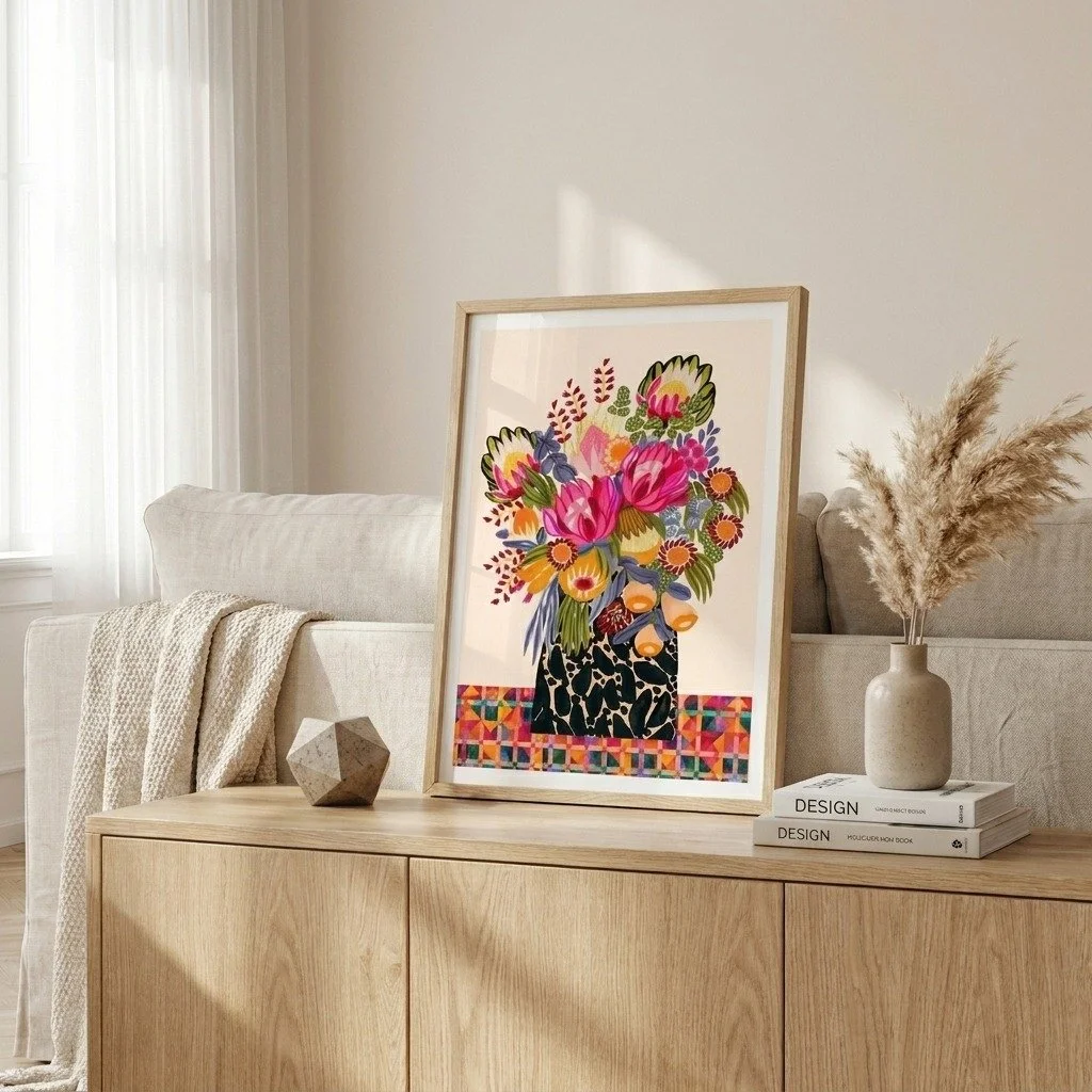 It's my birthday today, so there was only one print this post could be. 🎂

Birthday Bouquet is a big gathered bunch of pink and coral proteas, navy buds and pops of mustard. The kind of bouquet you'd love to be handed today, except this one never wi