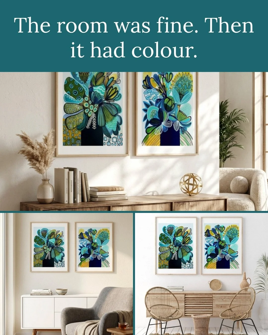 This morning I shared how these two banksias started on my studio table. Here's where they end up. 💙

The Blue &amp; Teal Banksia set is a calm, modern pair in deep blues, teals and greens. They sit happily above a console, in a study or down a hall