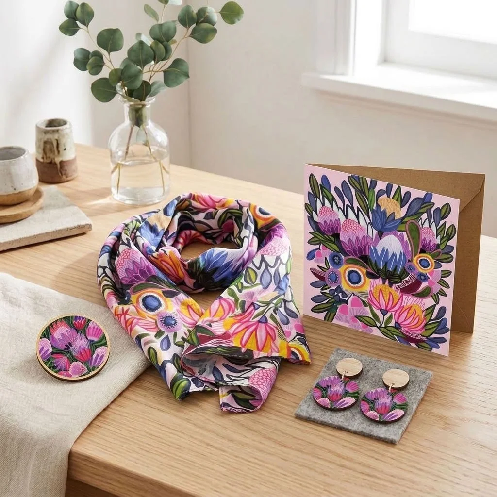 Some gifts take an afternoon of wandering the shops. This one's already put together.

My Protea Magnifica silk scarf, the purple protea earrings and the matching brooch, with the matching card included free. Everything chosen to go together, so all 