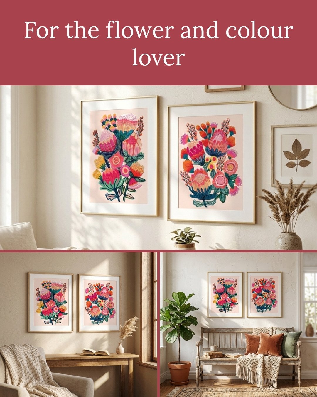 Proteas, banksias, bottlebrush and gum blossoms 🌸

Bouquet of Oz and Bush Bounty started as two paintings on my studio table, built up layer by layer in pinks, corals, oranges and mustard, with all that fine line detail I can't help adding.

They we