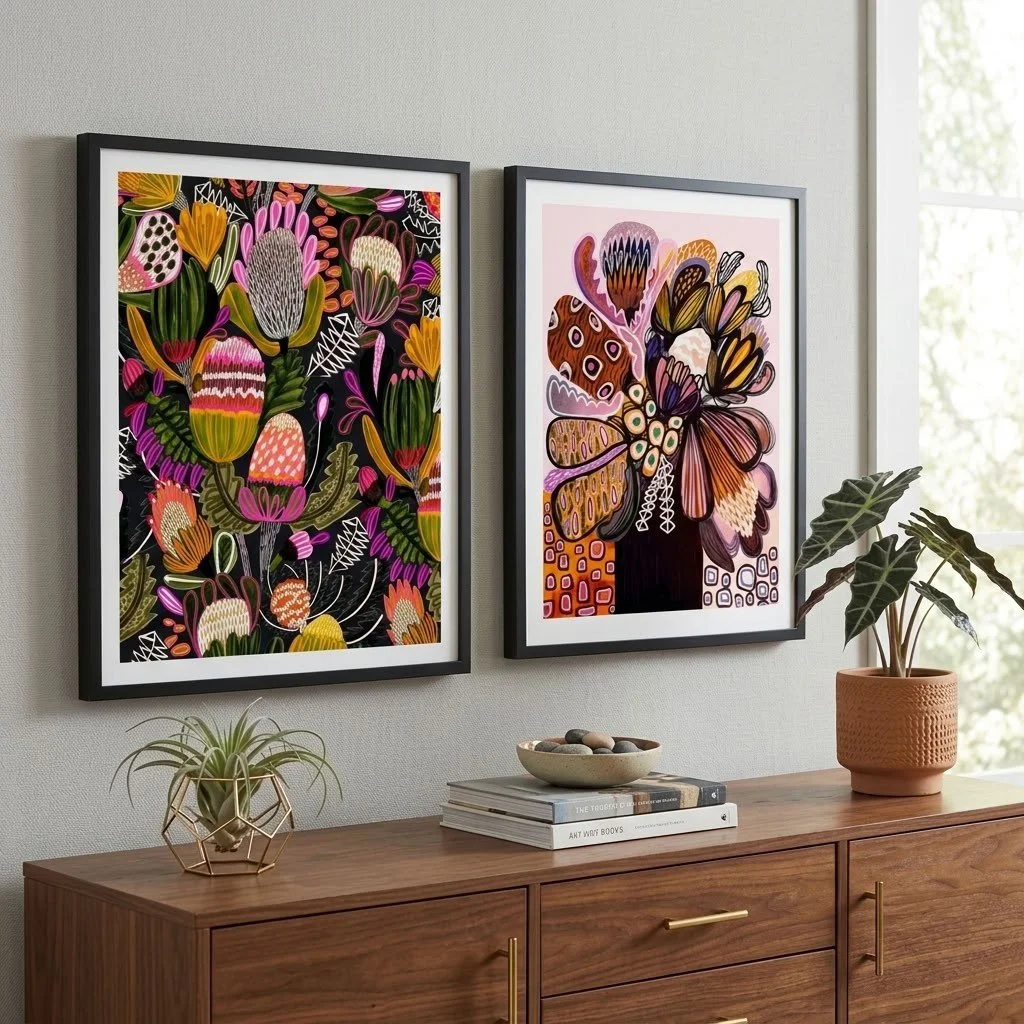 POV: you wanted the bush in your bedroom and everything you found was sage green and safe. 🌿

This morning I said every banksia is a little bit wild. Here's the pair those banksias became: Bush Banksia and Pink Proteas.

One glows on deep charcoal, 
