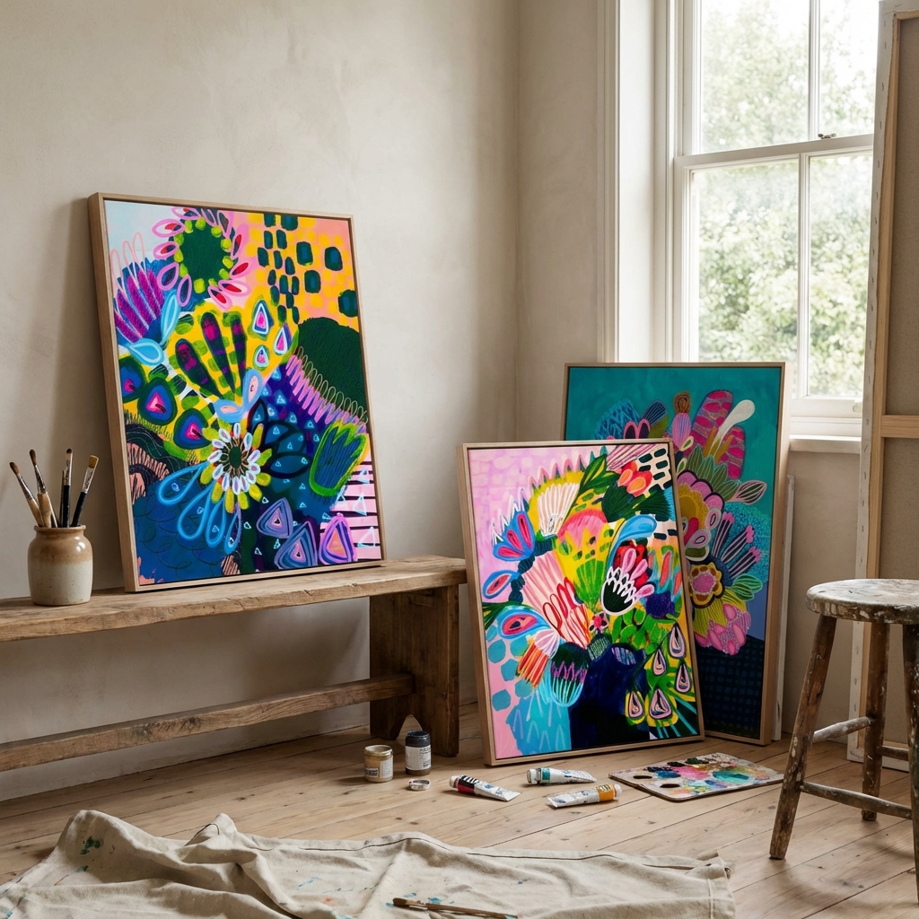 Kirsten Katz art studio with framed paintings