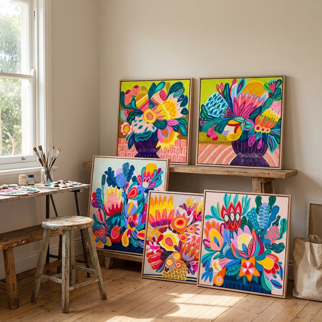 Kirsten Katz art studio with framed paintings
