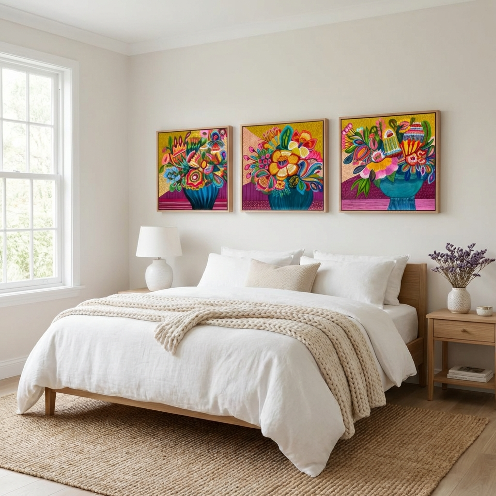 3 modern botanical, original paintings by Australian artist Kirsten Katz displayed on a wall above a bed in a bedroom