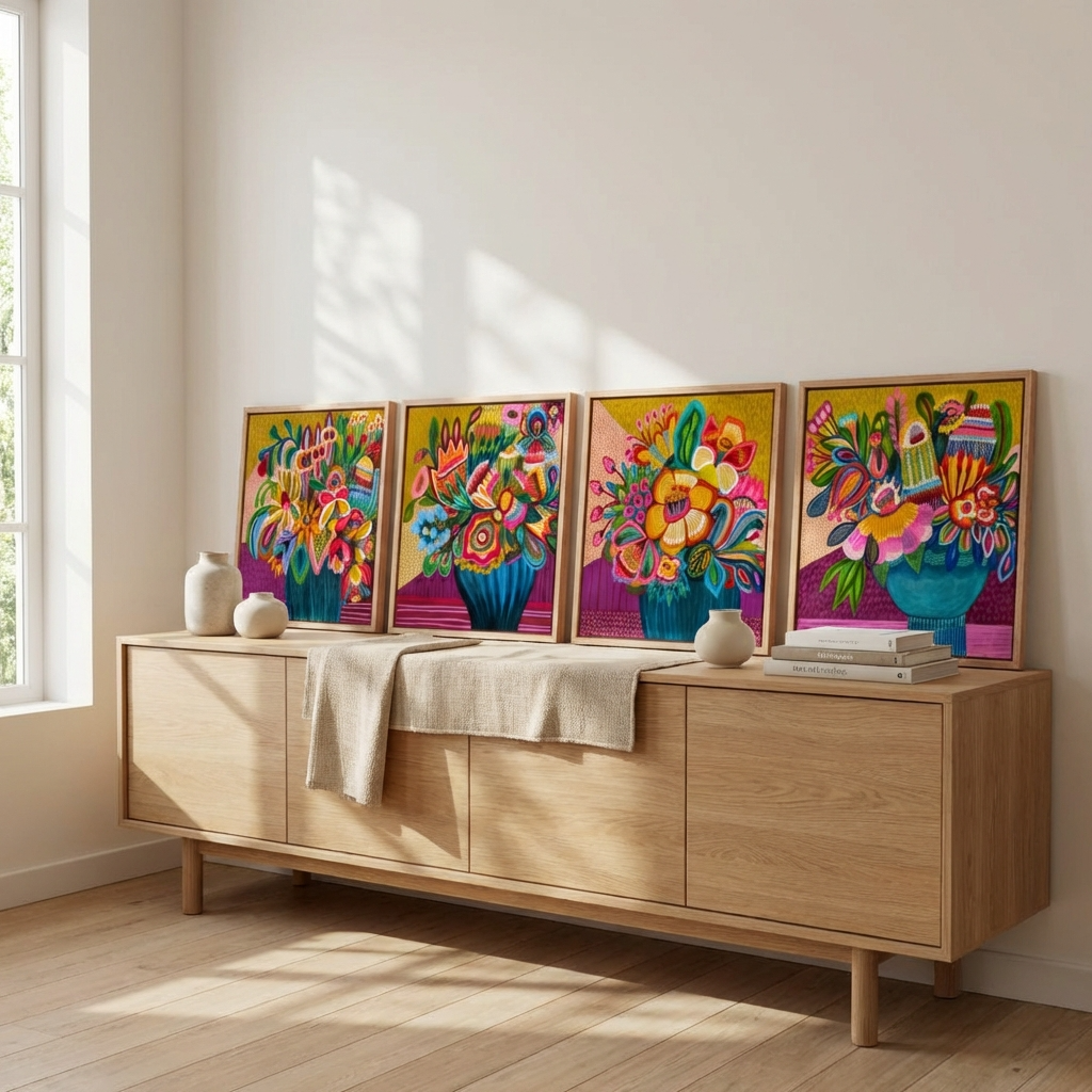 4 modern botanical original paintings sitting along a buffet by Australian artist Kirsten Katz