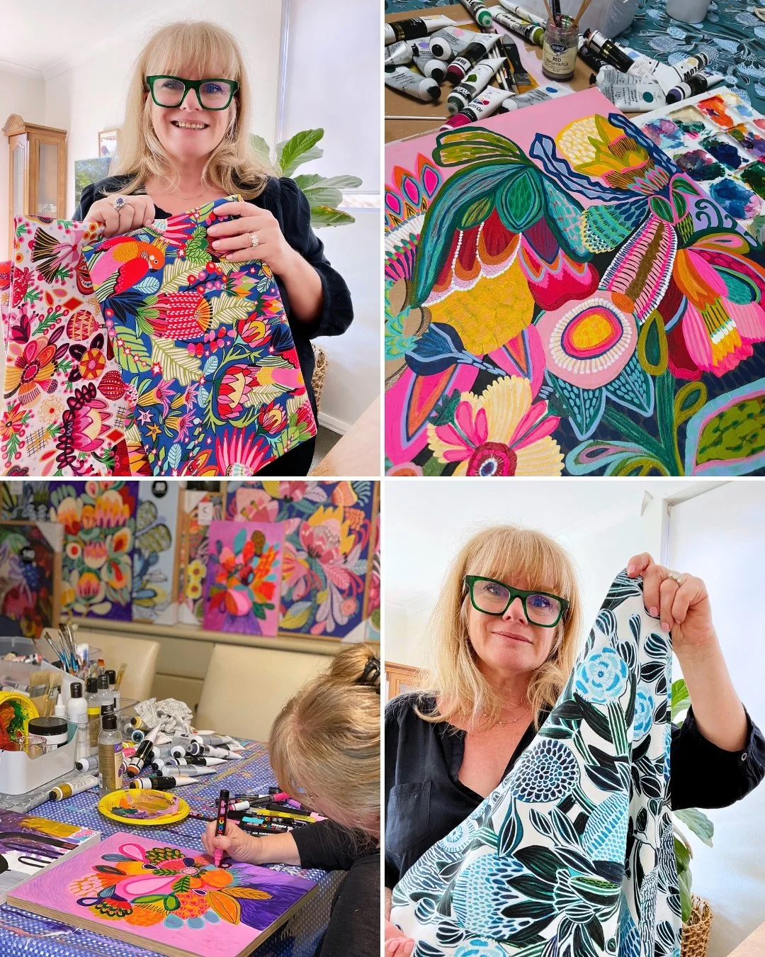 Photo collage of Australian artist and textile designer Kirsten Katz with her fabrics, tea towels, original paintings in progress