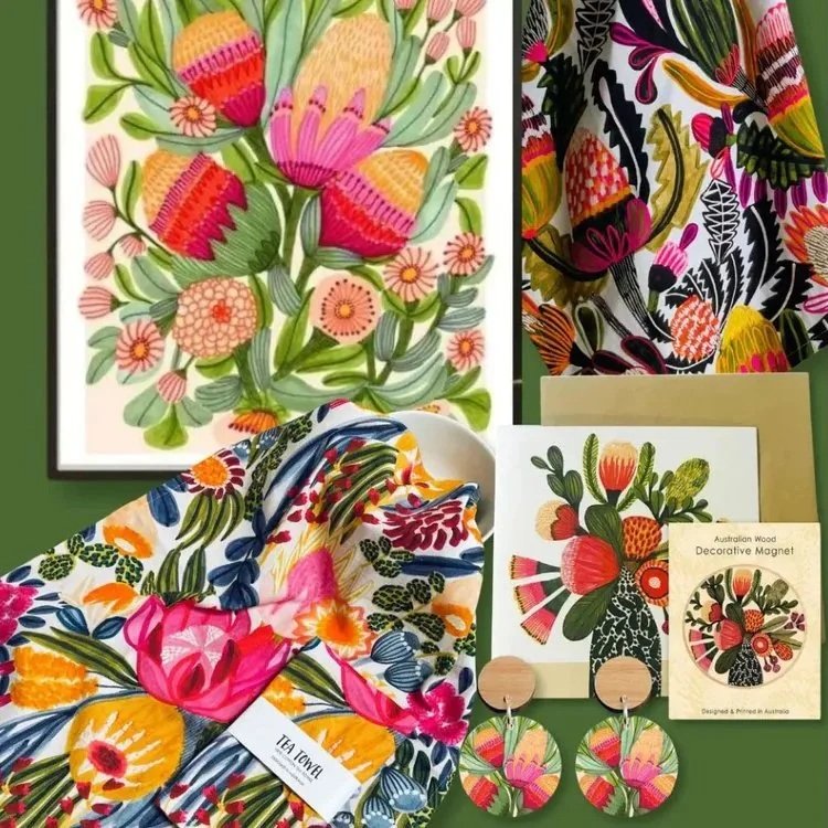 Kirsten Katz Australian native wall art print, tea towels, greeting cards and earrings
