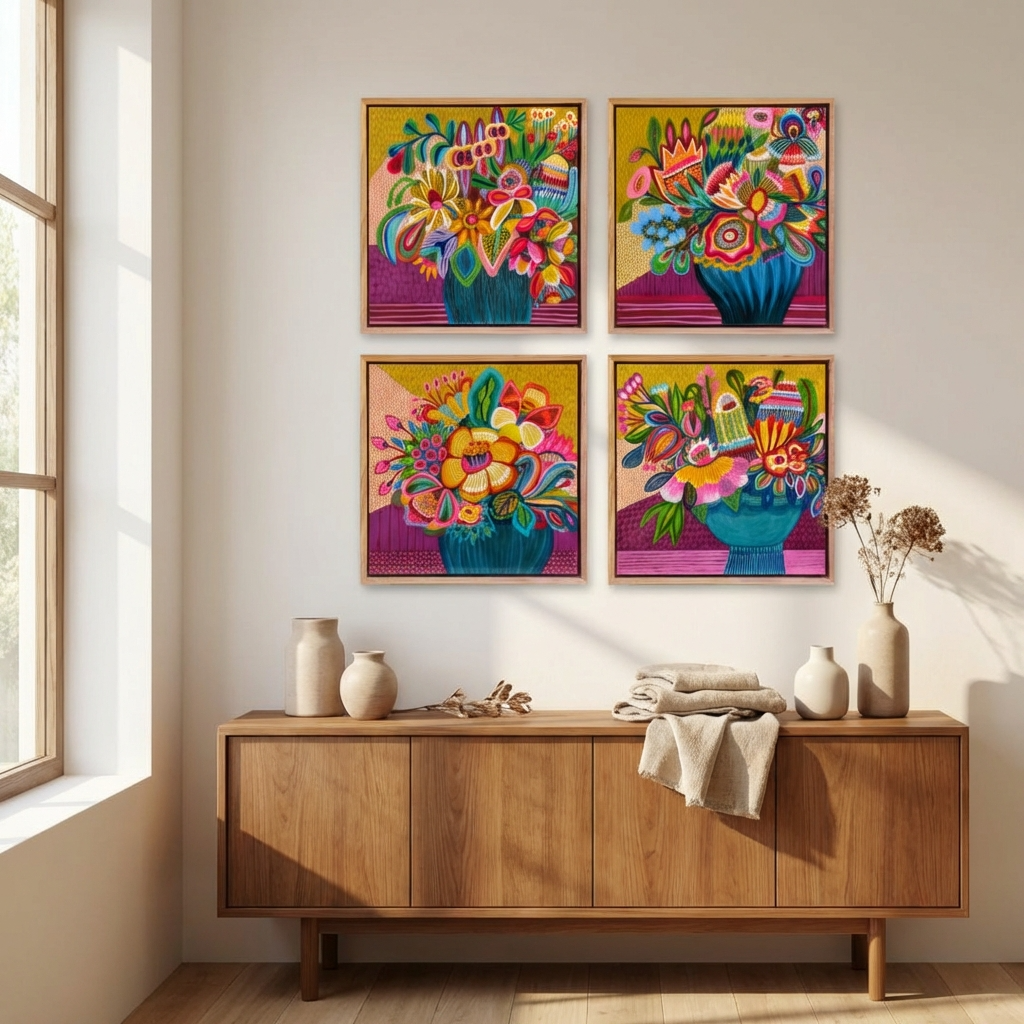 Gallery wall in living room with 4 modern botanical original paintings by Australian artists Kirsten Katz