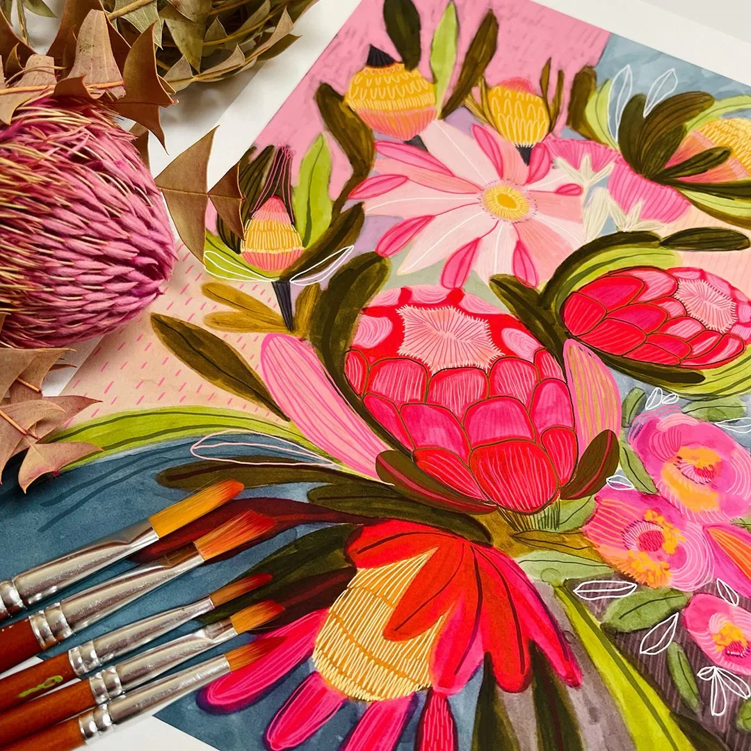 closeup of an watercolour painting of native flowers by Australian artist Kirsten Katz