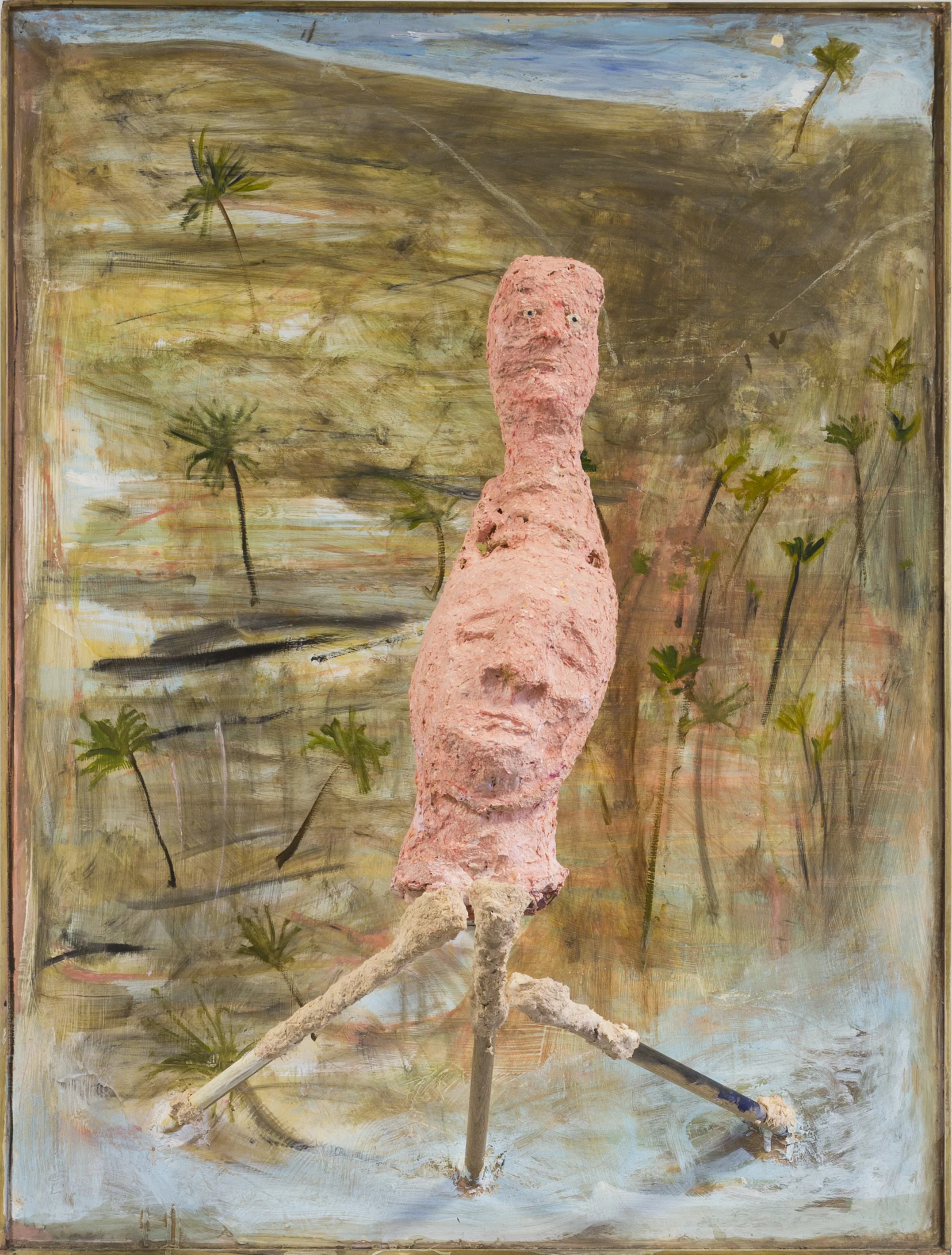 Head with Relic in Landscape 2016 Acrylic, plaster, paper mache, oil paint on board 180 x 90 x 60 cm