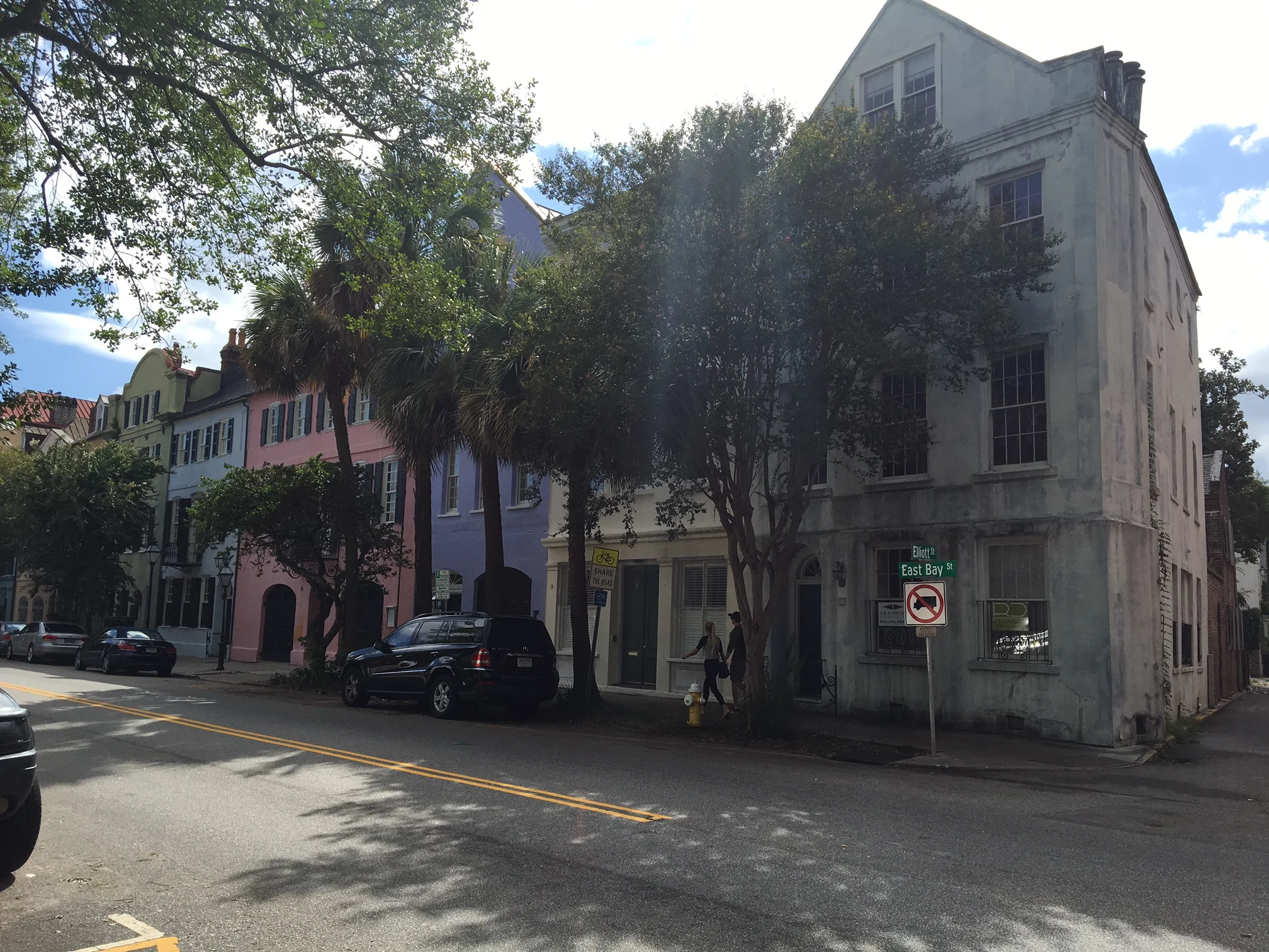 107 East Bay is located at the corner of East Bay and Elliot St. and is the start of the 13 attached structures that is now called, "Rainbow Row"