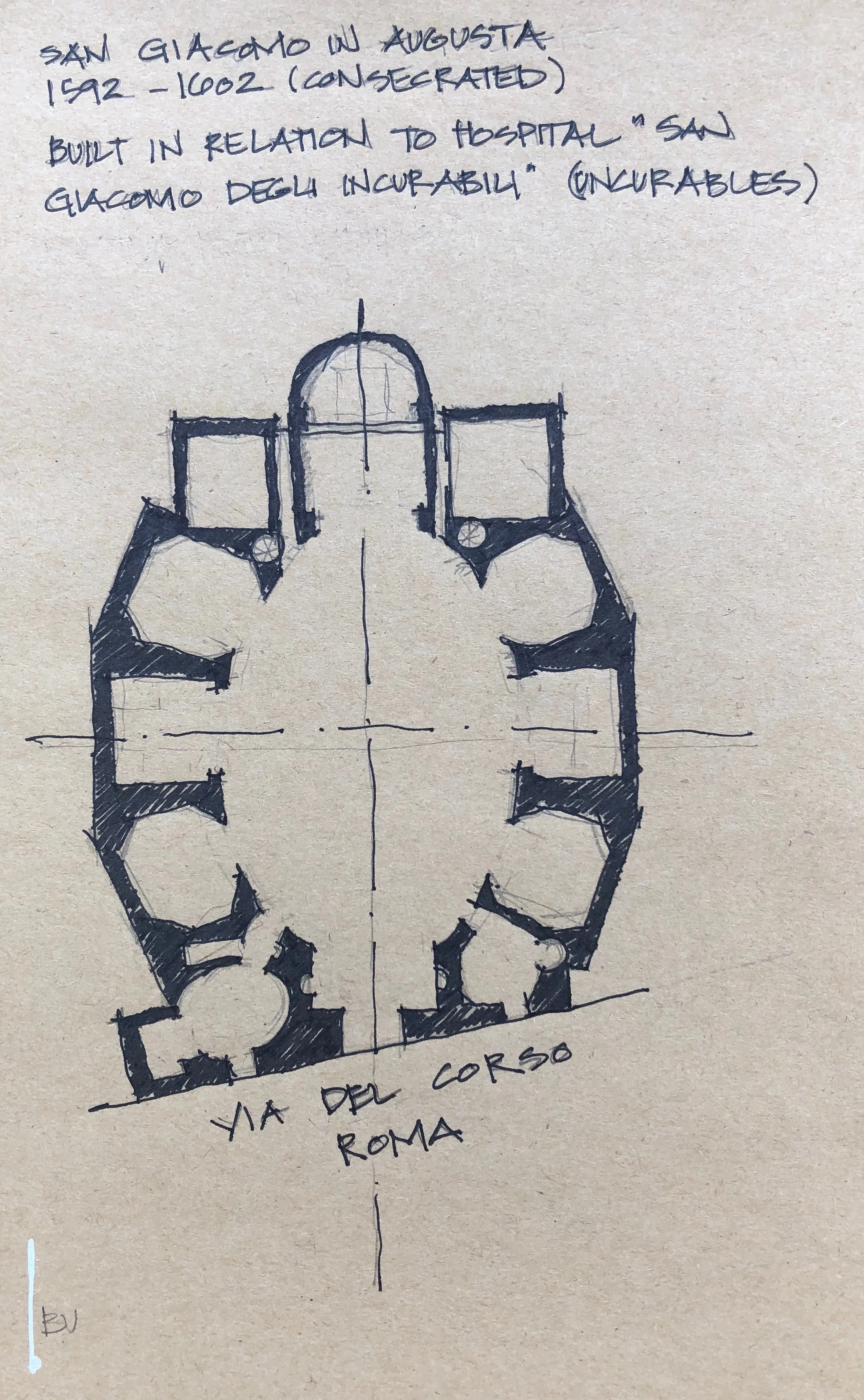 There is a church every turn you make in Rome. San Giacomo in Augusta was next to our hotel and after walking past it for days, we finally peeked in…speechless. Decided to draw the floor plan to convey the mass, construction and robustness.