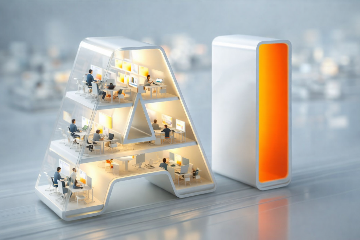 AI-Bild, Buchstaben AI, als Büro, Menschen die Arbeiten