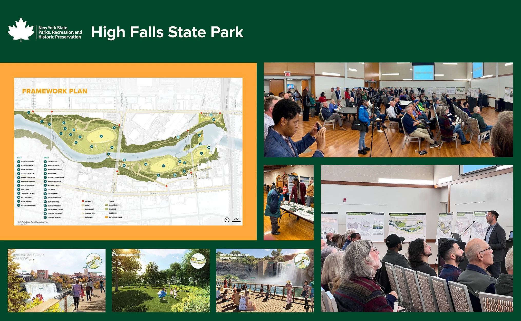 A graphic header image for "High Falls State Park" features a framework plan map on the left, showing a green river and circular areas, alongside several photos of public meetings and smaller landscape renderings below.
