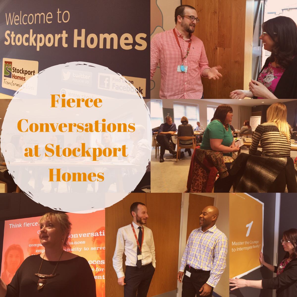 Fierce at Stockport Homes (clockwise): Sam Netherwood and colleague Liz Chadwick from the OD team, some of the 70 Stockport Homes people taking part in Fierce training, Liz Chadwick, Rob and Chris from corporate services are putting Fierce into action in their daily activities, PDA's Sarah Vogel delivering a Fierce workshop. 