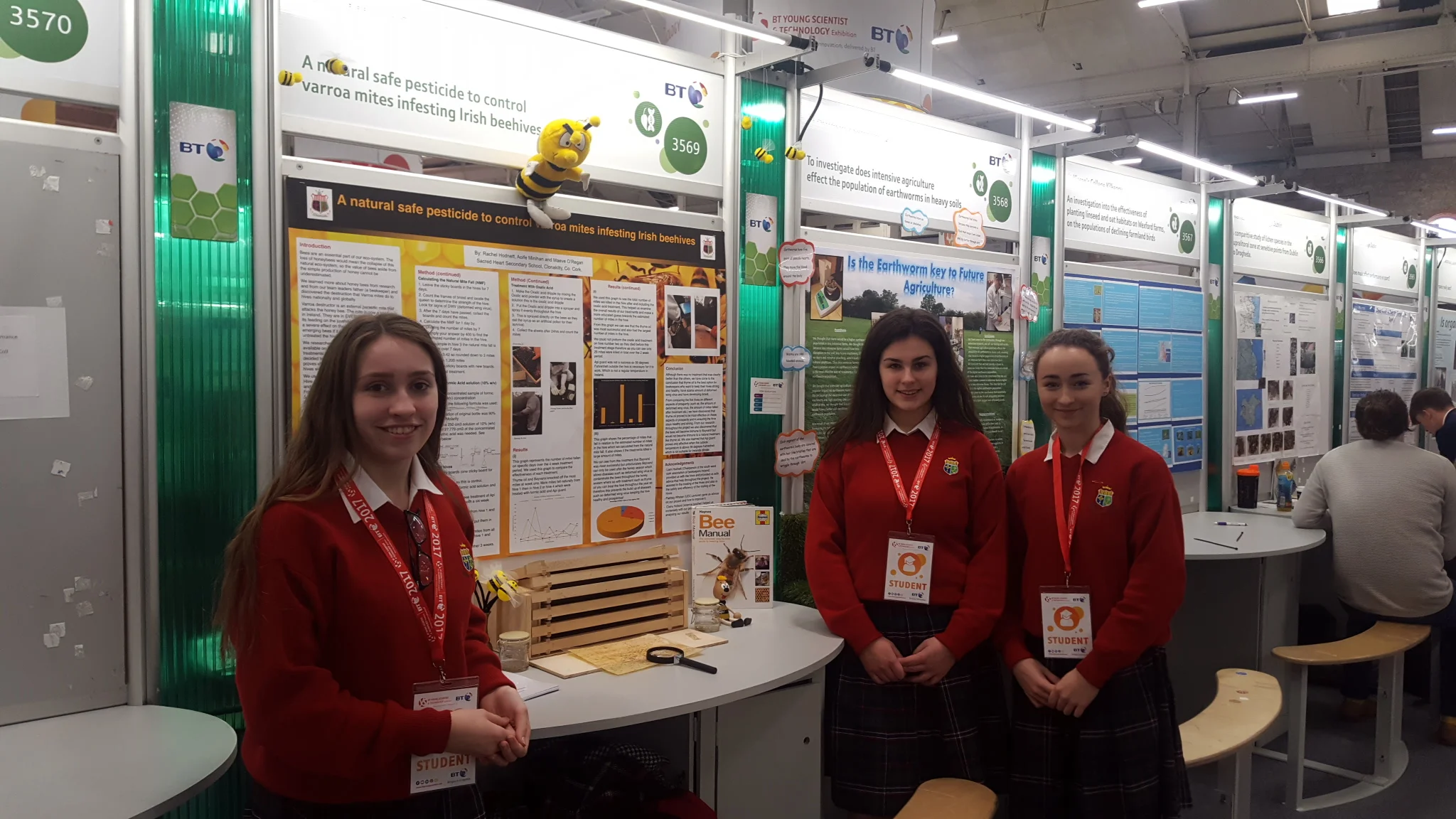 Group 1. Rachel Hodnett, Maeve O'Regan and Aoife Minihan Their project is an investigation into a natural safe pesticide to control the varroa mite infesting Irish beehives.