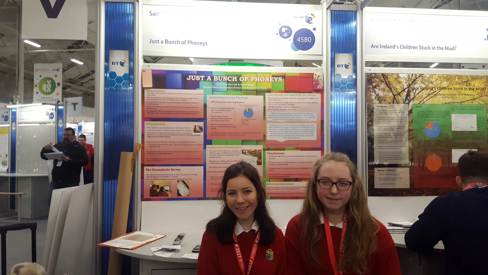 Group 3. Olivia Shortall and Ava O'Hare. Their project is investigating "nomophobia" the fear of being without your mobile phone.