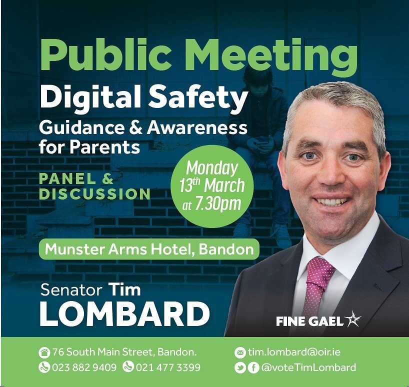 Parents &amp; all interested parties are invited to a public meeting on Digital Safety in the Munster Arms Hotel on Monday 13th March at 7.30pm.

The meeting format will be a discussion and Q&amp;A with a panel including 

Jason O&rsquo;Mahony (Child