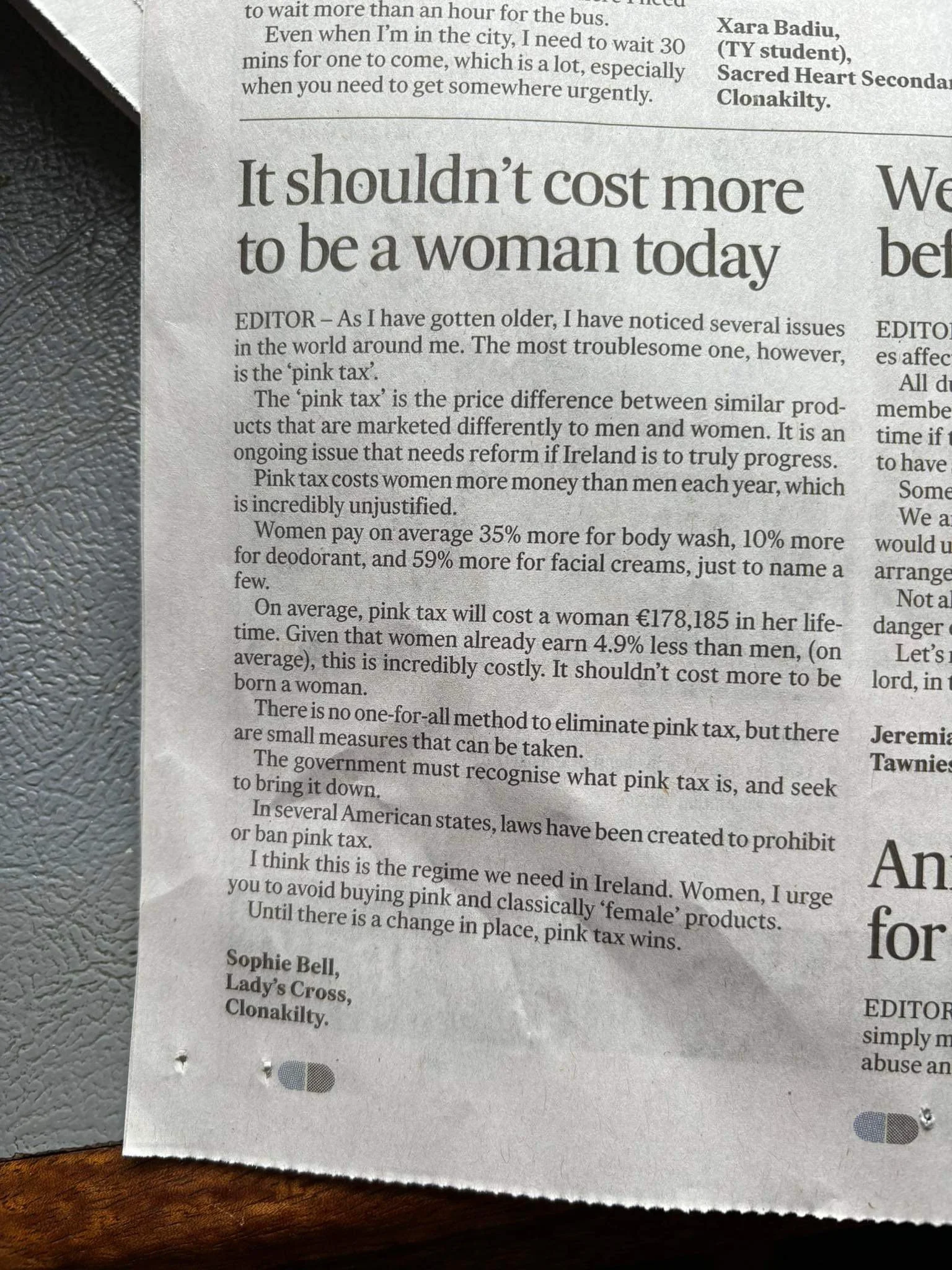 Sophie Bell raises awareness about Pink Tax in the Southern Star