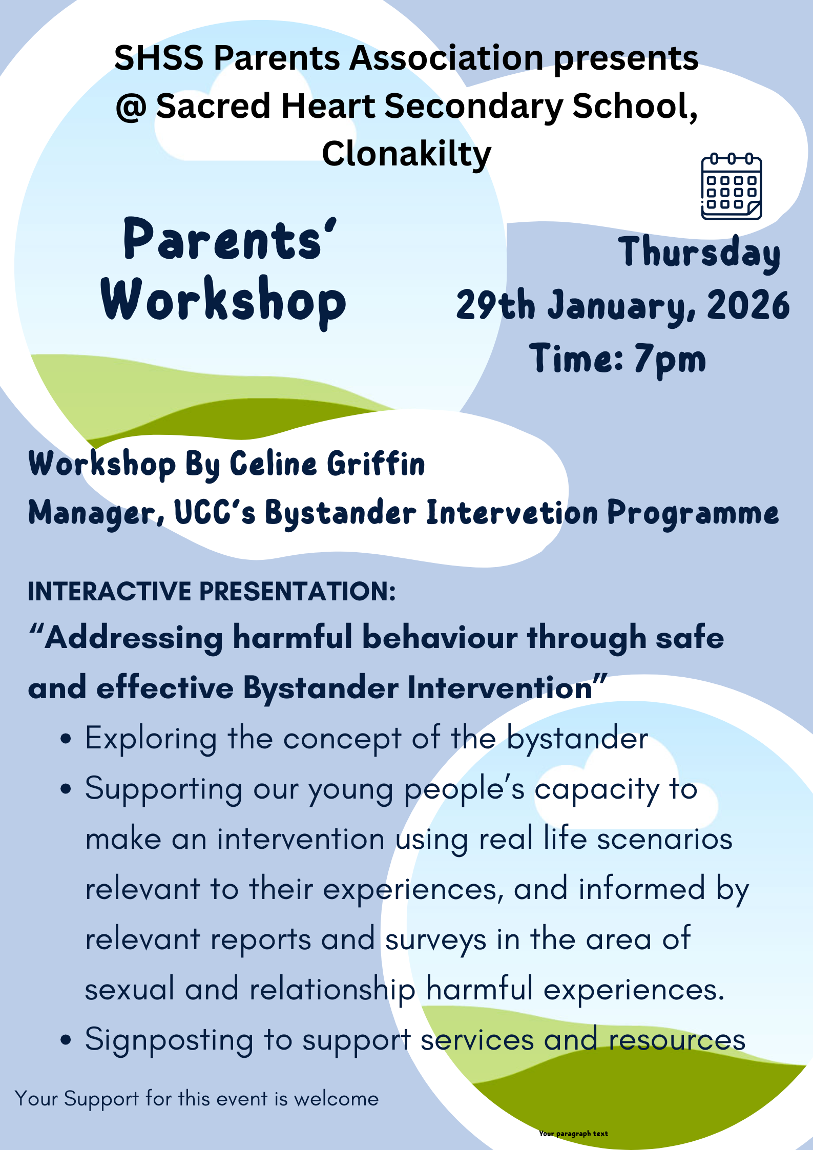Parent’s Association workshop for parents, Thursday 29th of January, 2026 at 7pm.