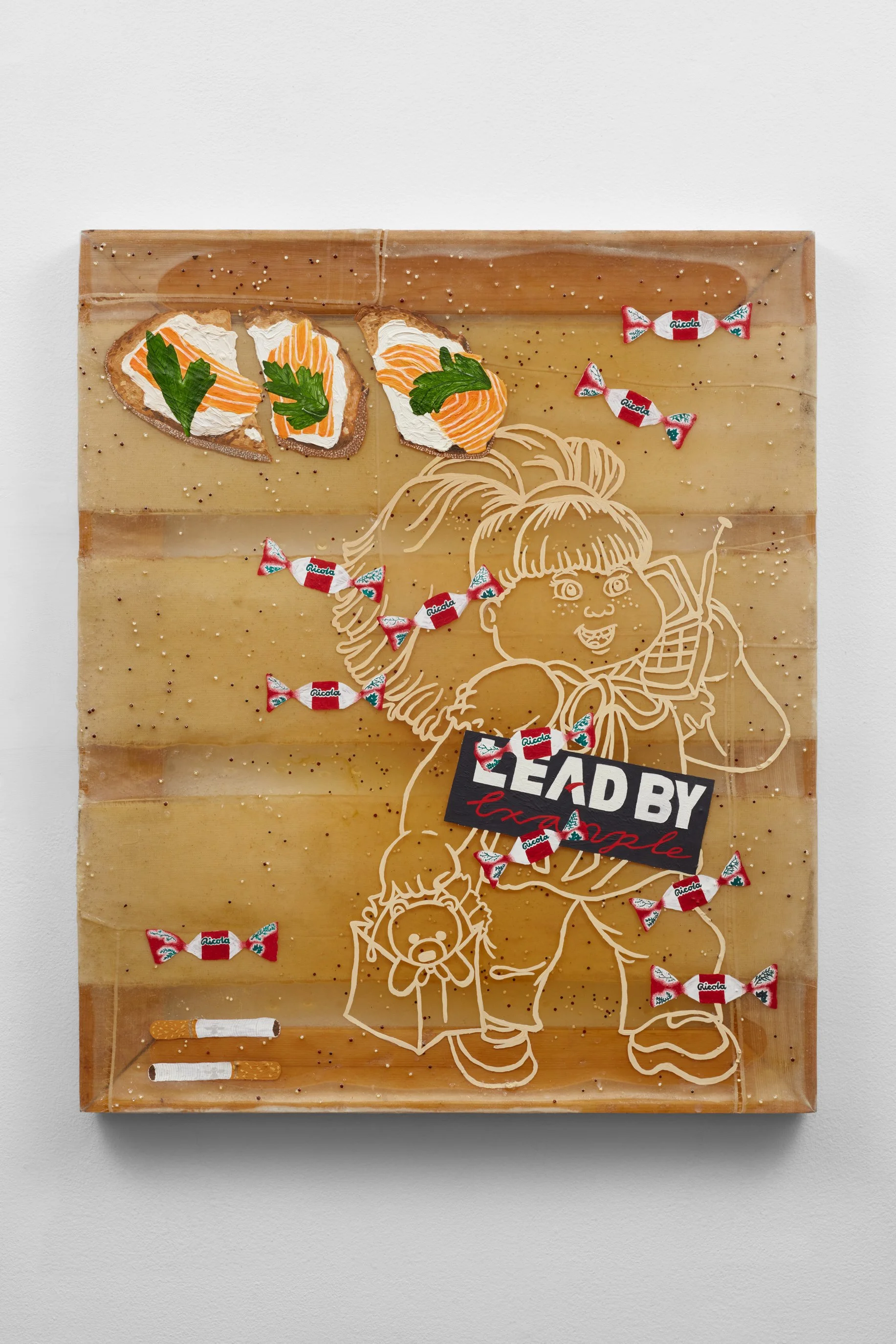   Untitled (but an Example) , oil, epoxy resin, hand-stitched handkerchiefs and canvas, quinoa, 24 x 30 in., 2018 