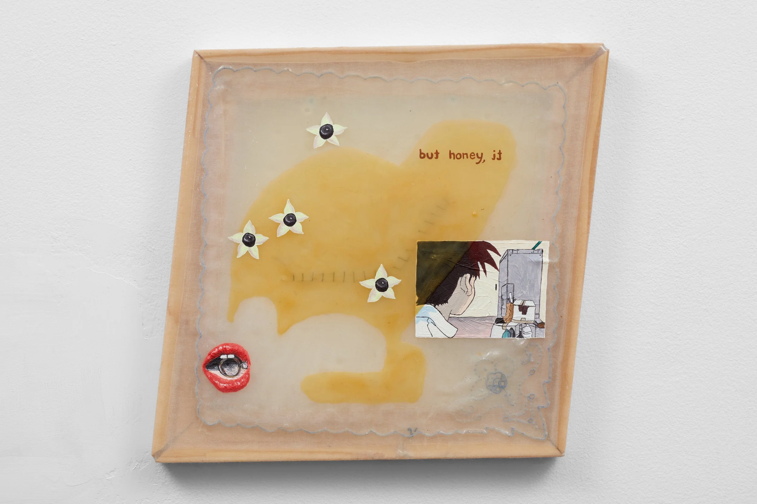   Deadly Nightshades to be used for a quiet self-slaughter , oil, epoxy resin, grandmother’s handkerchief, hand-stitched felt, 12 x 12 in., 2023 