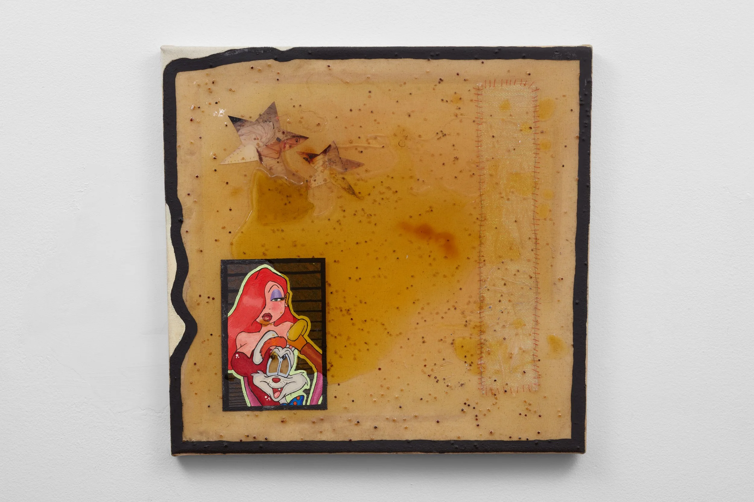   First time someone told you to sit up straight , oil, epoxy resin, canvas, found photo, hand-stitched ribbon, quinoa,  17 × 17 in., 2016 