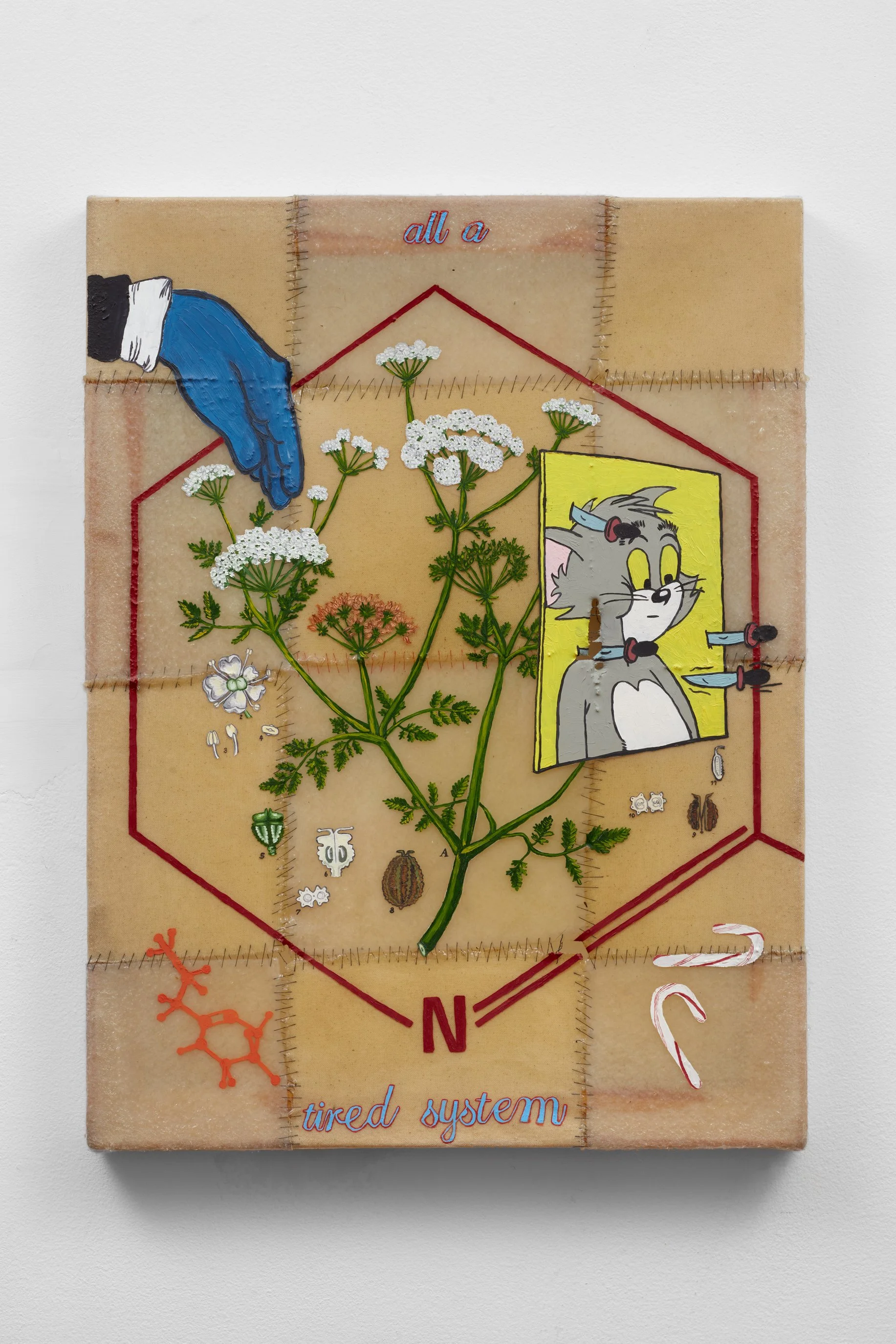   All a Tired System , oil, epoxy resin, hand-stitched canvas and felt, 24 x 18 in., 2019 