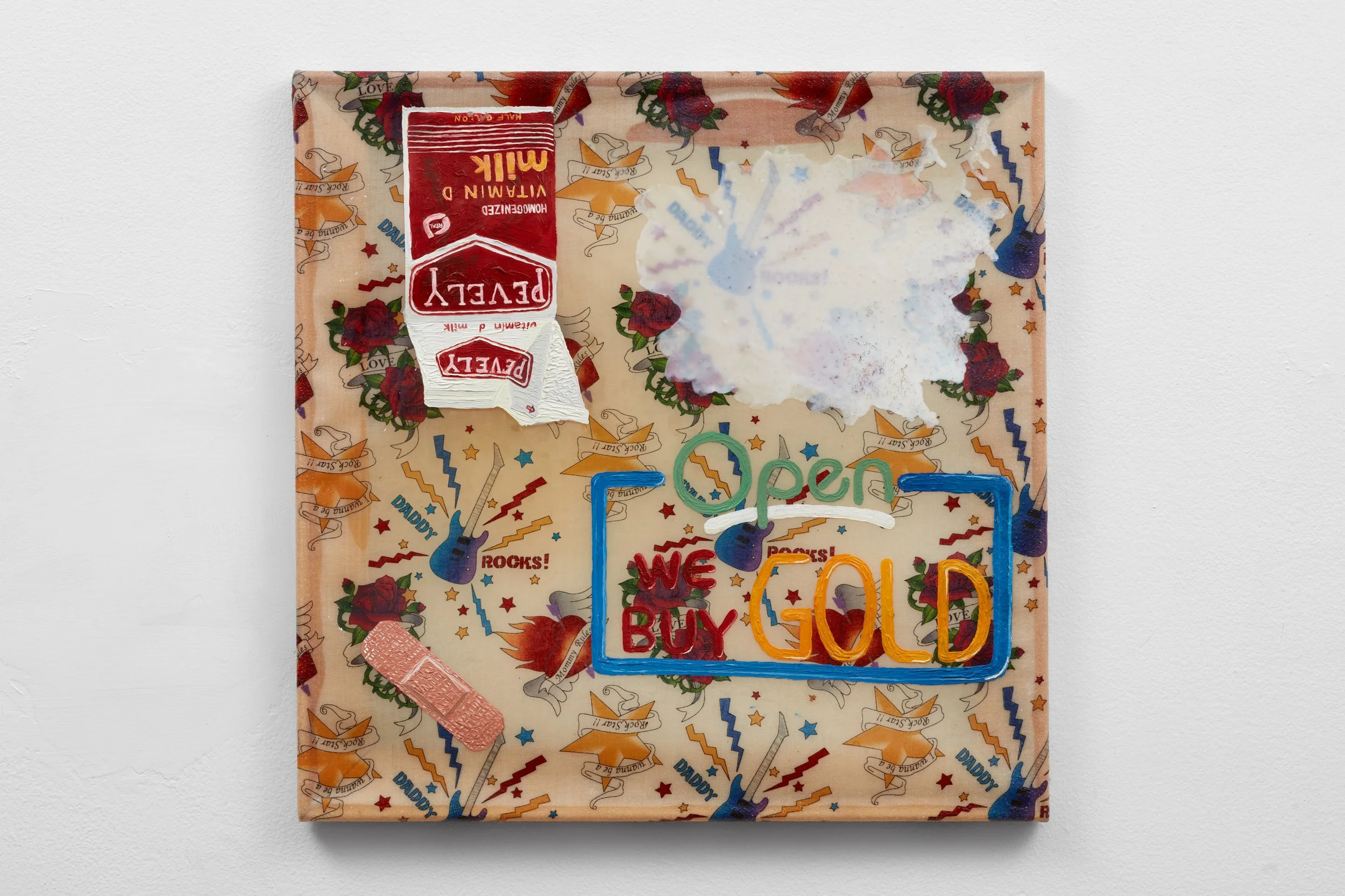   Babies , oil, epoxy resin, found fabric, 17 × 17 in., 2016 