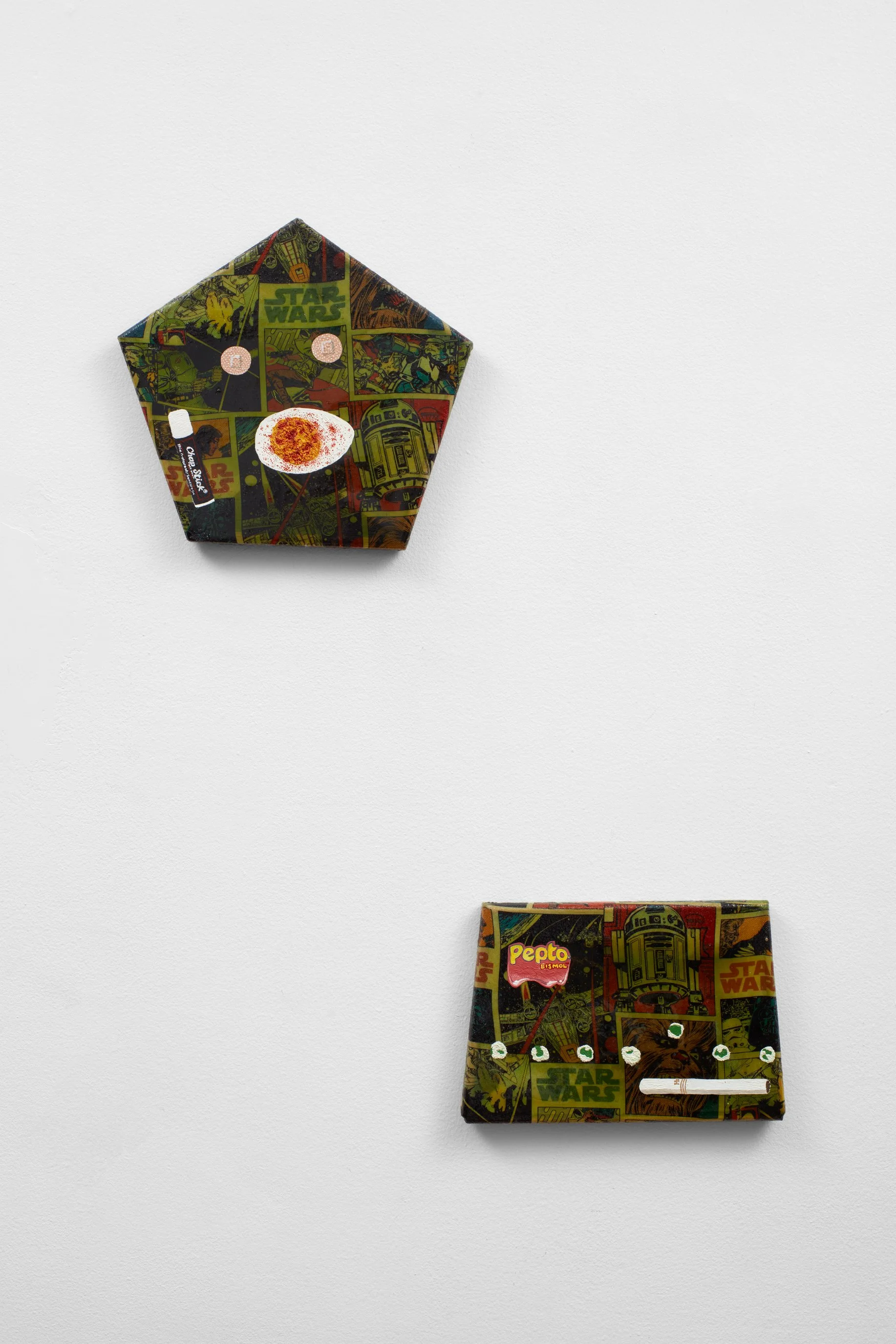   Shut Up Mom &nbsp;(1 and 2), oil, epoxy resin, found fabric, 2016 