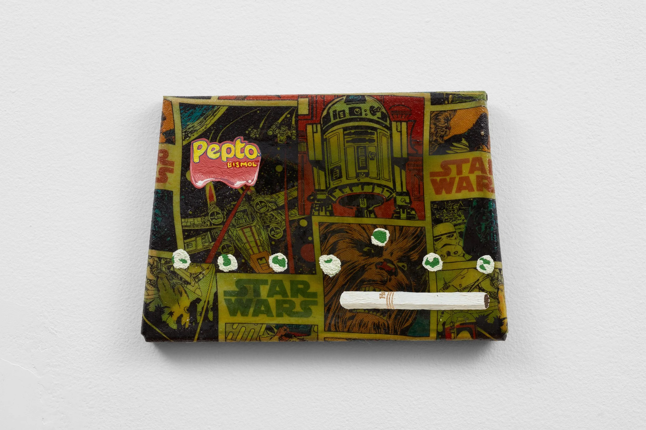   Shut Up Mom &nbsp;(2), oil, epoxy resin, found fabric, approx. 9 × 6 in., 2016 