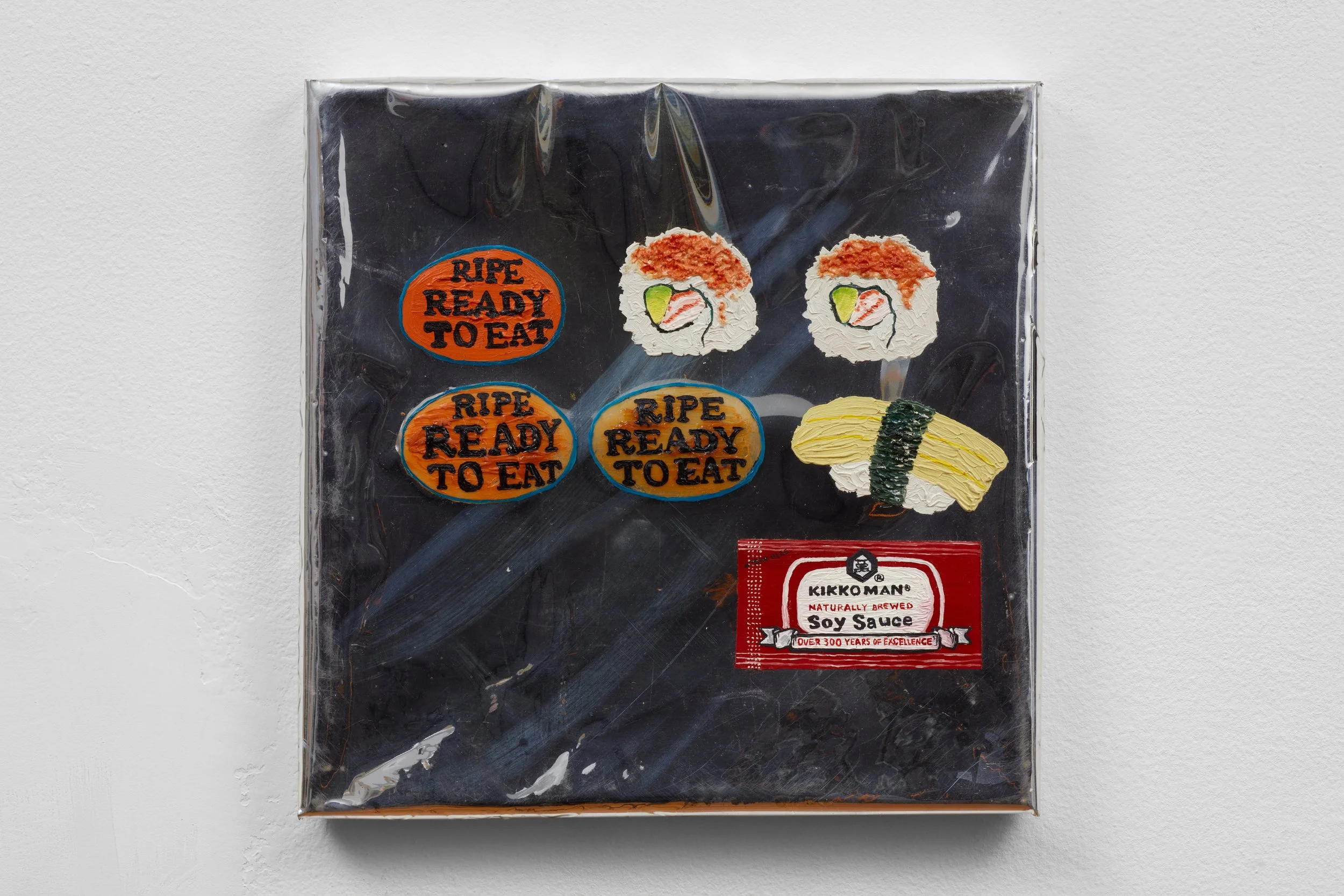   Ripe, Ready , oil, epoxy resin, wrapping paper, 10 × 10 in., 2015 