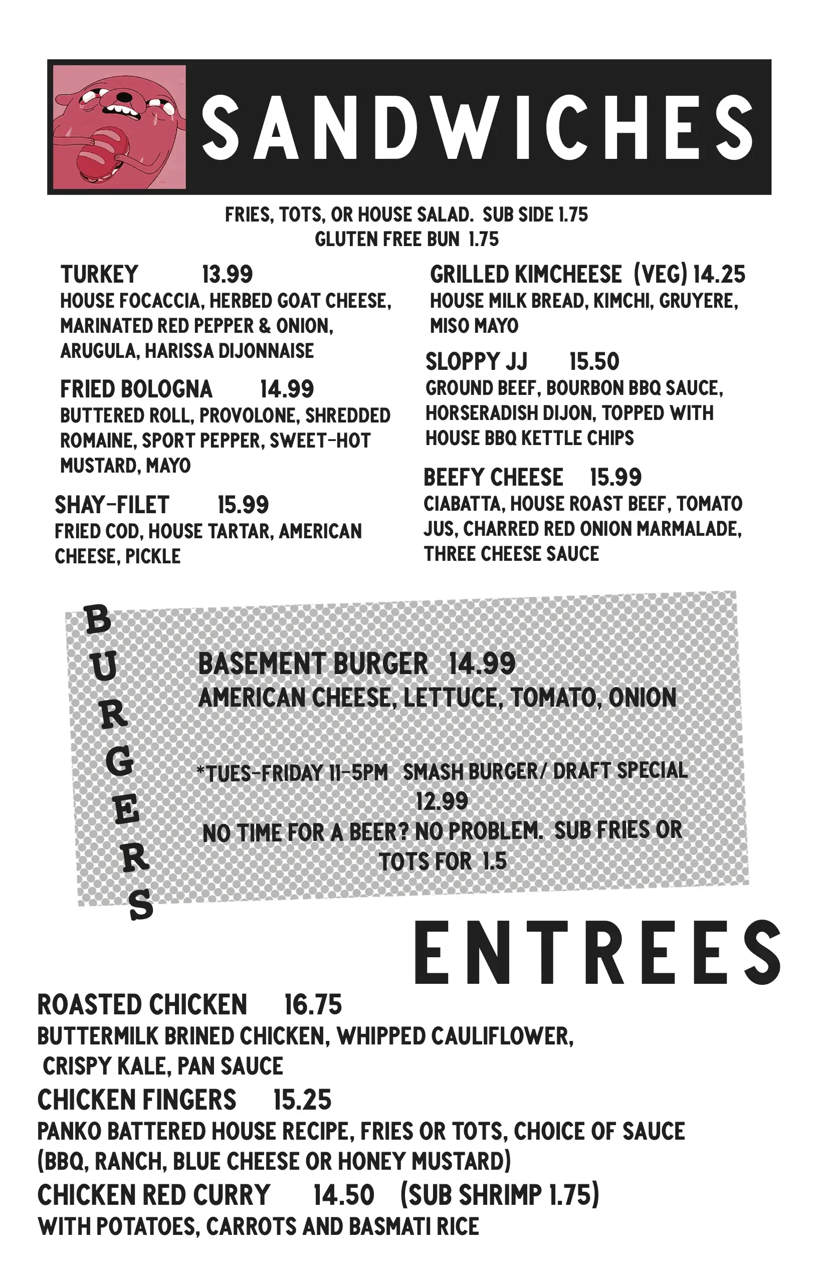 My Parents' Basement - Sandwiches Burger Entree Menu.webp