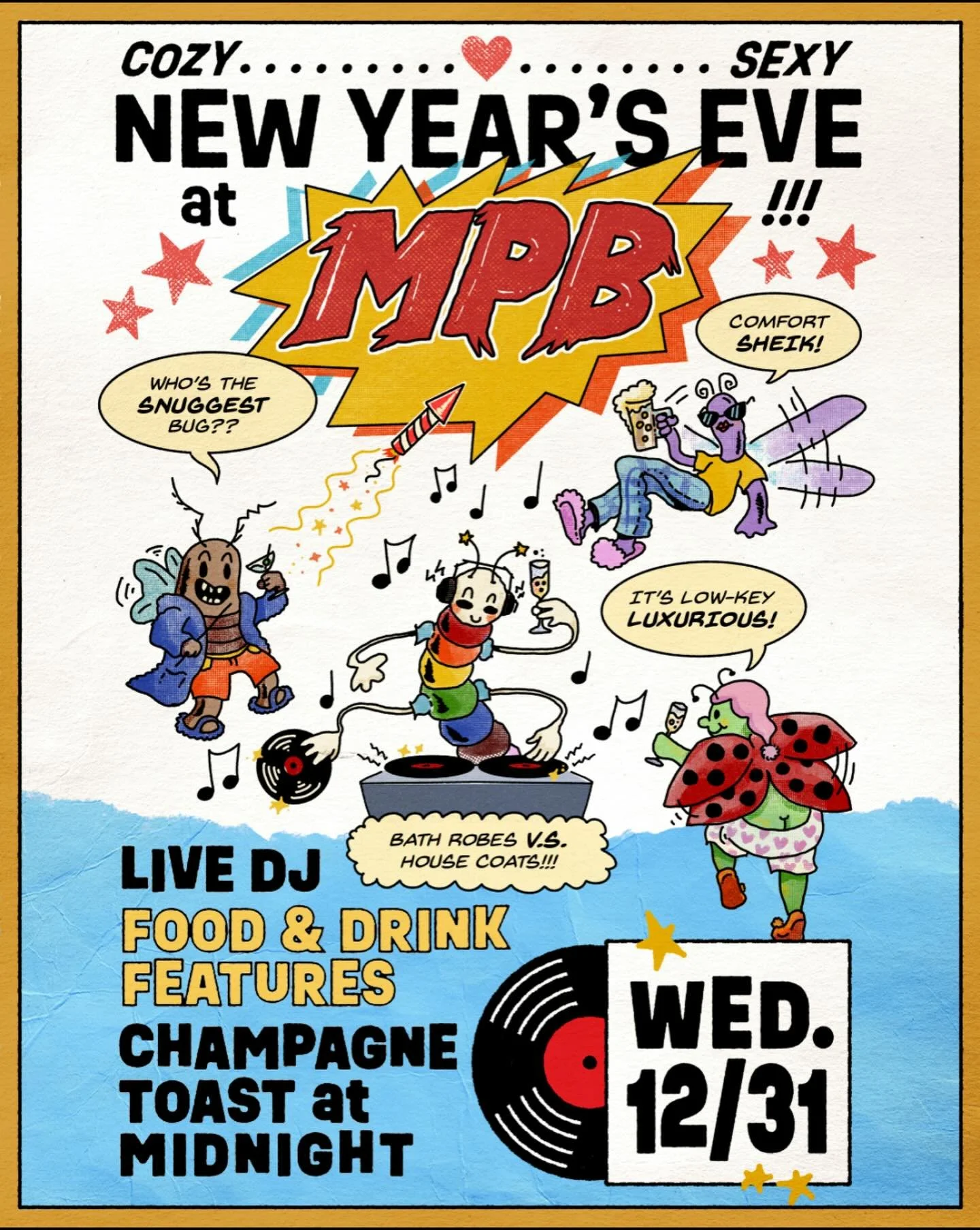 Join us next week for the coziest little New Year&rsquo;s Eve party around. The red carpet will be rolled out for you. Who will be the snuggest bug ON the rug? #nerdbar #cozy #nye