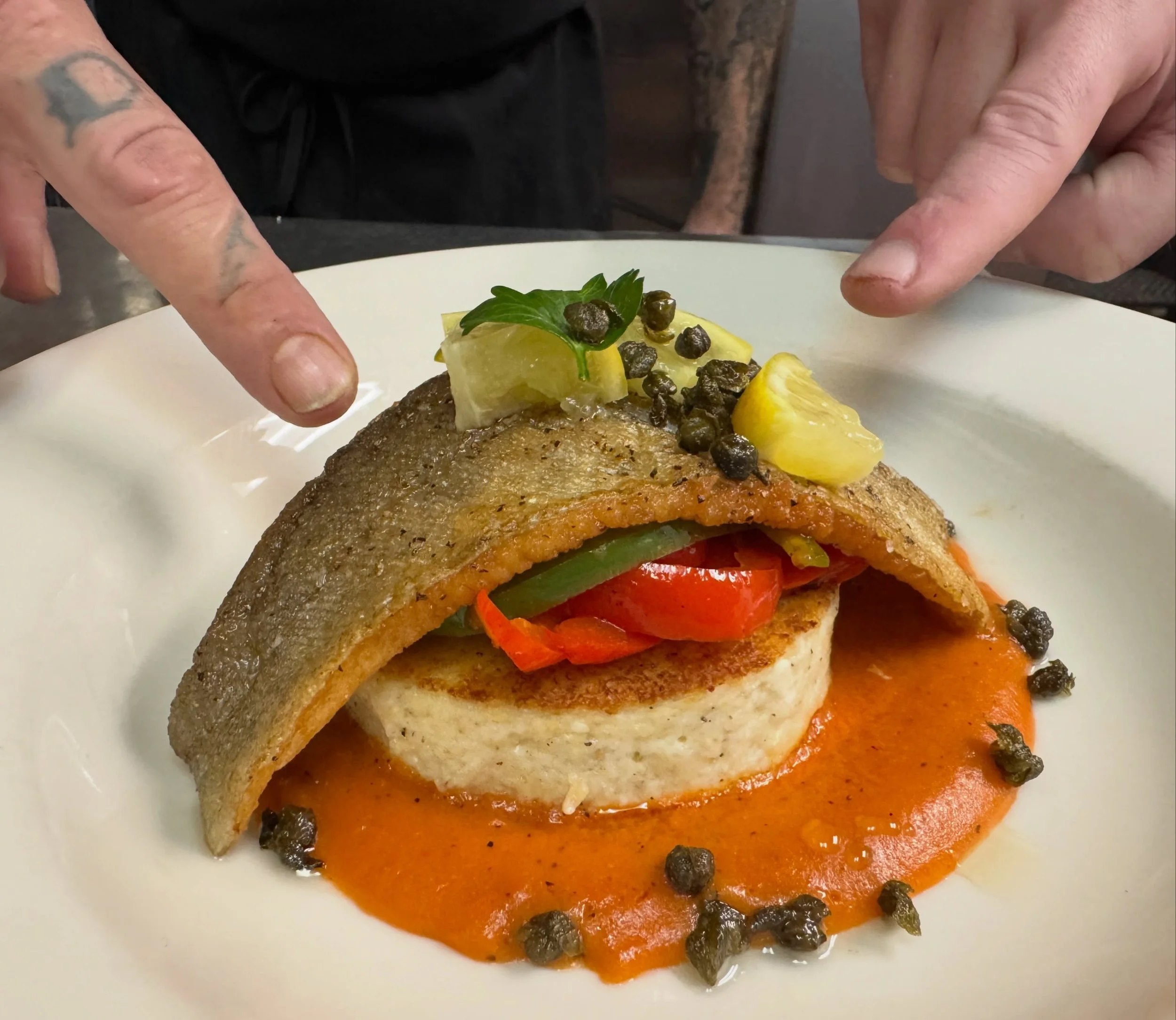 This! This is tonight&rsquo;s feature! Pan fried trout, grit cake, tomato gravy. Oooo weeee! Come and get it @riantittle trying to feed y&rsquo;all!! #nerdbar #tittlevittles