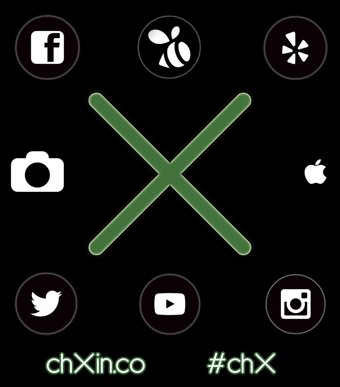 ChX app draft mock-up for the app features: ChX, Facebook, Foursquare's Swarm, Yelp, Twitter, Youtube, Instagram, store (for more retail apps) and a photo sharings feature! Share #chXin