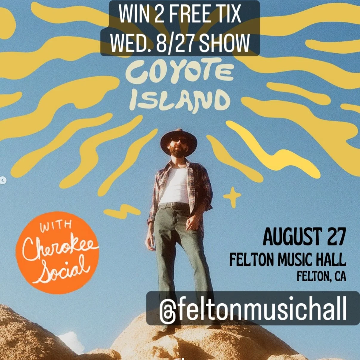 Last Chance to WIN 2 FREE tickets to see @CoyoteIsland live @FeltonMusicHall tonight Wednesday 8/27 8pm! 

To enter to win simply: 
✅ Follow @CoyoteIsland IG
✅ Tag a friend to roll with
✅ Share this to your story 

Tix Winners announced by 5pm tonigh