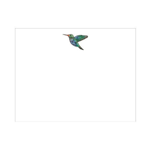 Illustrated hummingbird note card with a teal and green bird in mid-hover with wings spread wide on a clean white background, designed by Viola and Beatrice Stationers