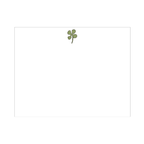 Illustrated green clover note card with a single delicate three-leaf clover on a stem on a clean white background, designed by Viola and Beatrice Stationers