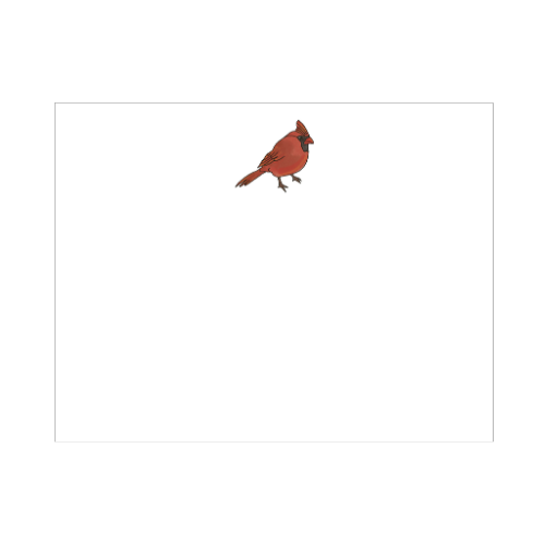 Illustrated red cardinal note card with a bold crimson bird in mid-step on a clean white background, designed by Viola and Beatrice Stationers